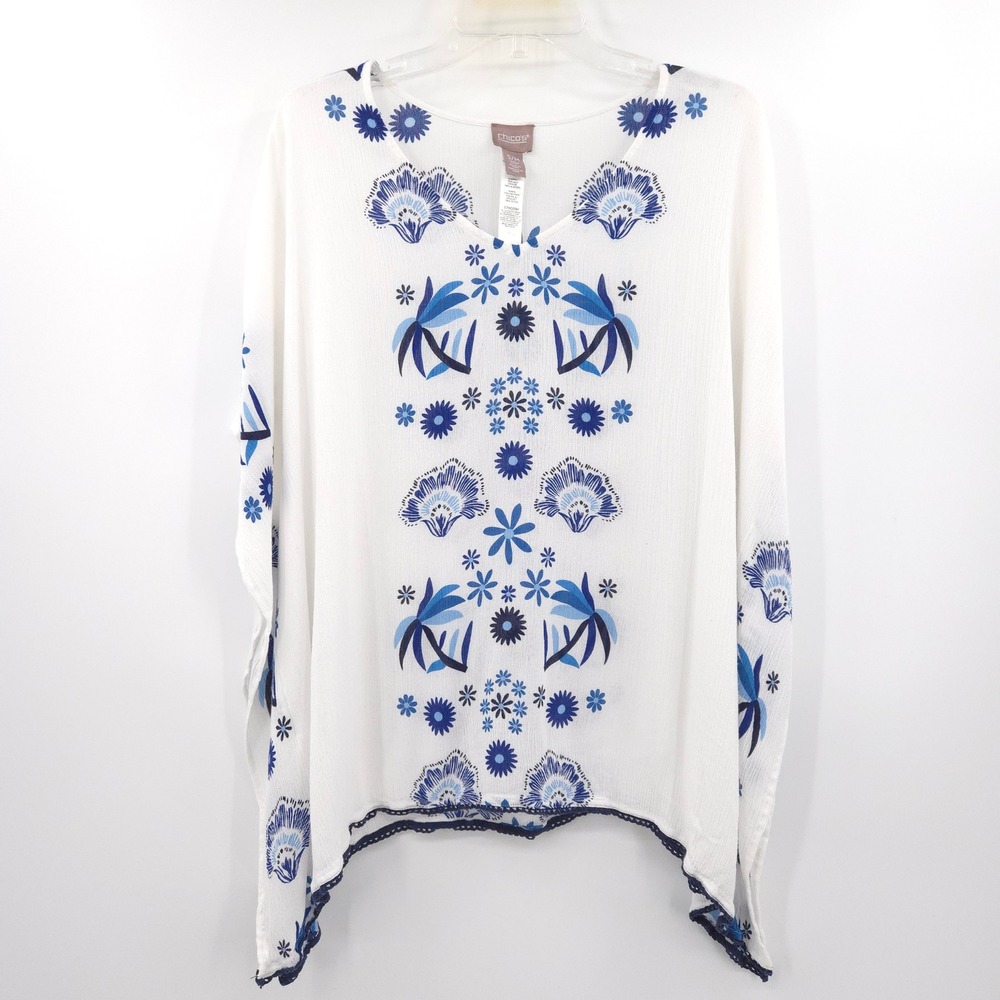 Chico's Kaftan Top Women S/M White Blue Floral Palm Print Crochet Trim Boho‎